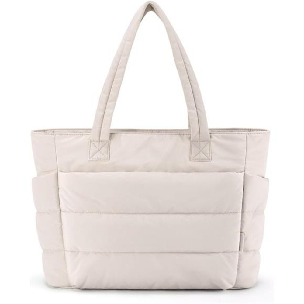White Tote Bag for Women, Lightweight Puffy Tote Bag with Compartments